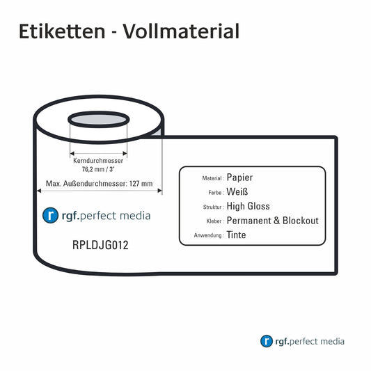 RPLDJG012 - Papier-Etiketten, Weiß, Hochglanz, Permanent & Blockout, Tinte / Inkjet - Vollmaterial 130mm