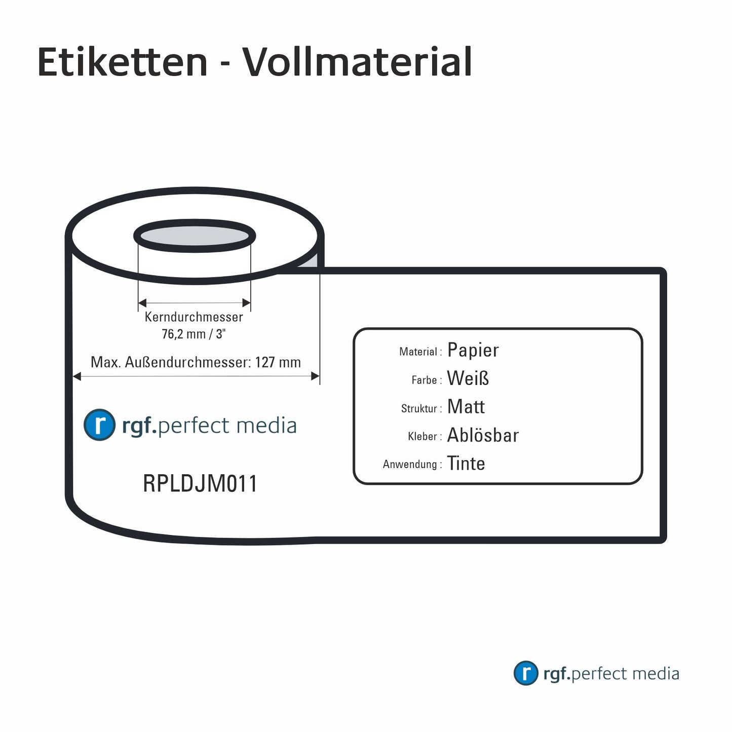 RPLDJM011 - Papier-Etiketten, Weiß, Matt, Ablösbar, Tinte / Inkjet - Vollmaterial 130mm