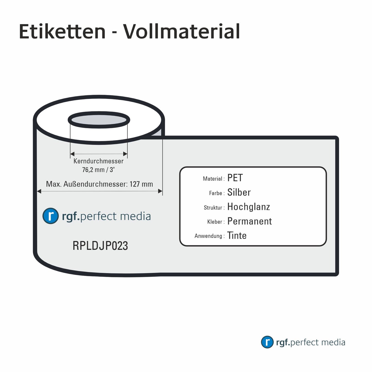 RPLDJP023 - PET-Etiketten, Silber, Hochglanz, Permanent, Tinte / Inkjet - Vollmaterial 130mm