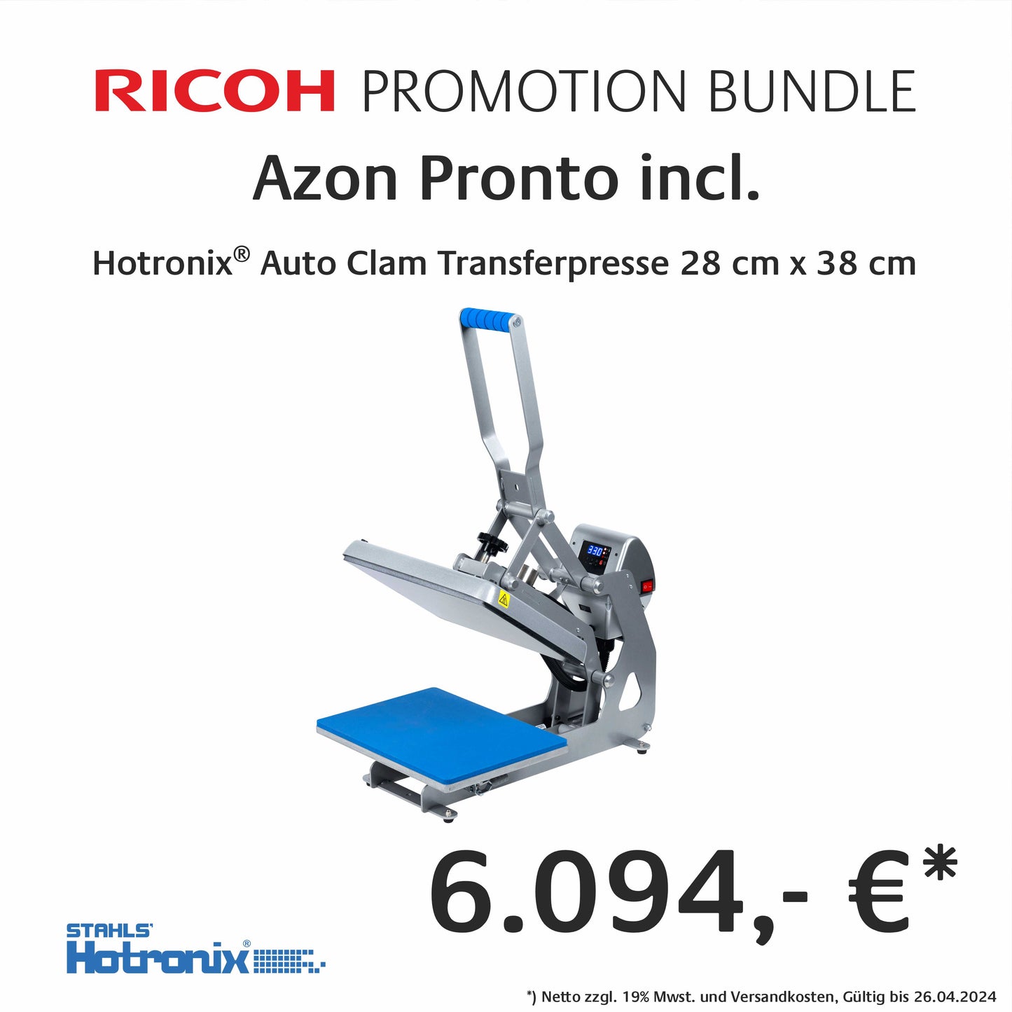 Azon Pronto - Desktop-DTF-Drucksystem - Ricoh-Promotion Bundle mit Hotronix Auto Clam Transferpresse 28 x 38 cm