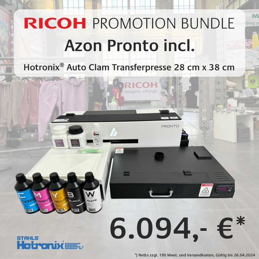Azon Pronto - Desktop-DTF-Drucksystem - Ricoh-Promotion Bundle mit Hotronix Auto Clam Transferpresse 28 x 38 cm