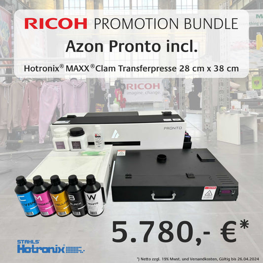 Azon Pronto - Desktop-DTF-Drucksystem - Ricoh-Promotion Bundle mit Hotronix MAXX Clam Transferpresse 28 x 38 cm