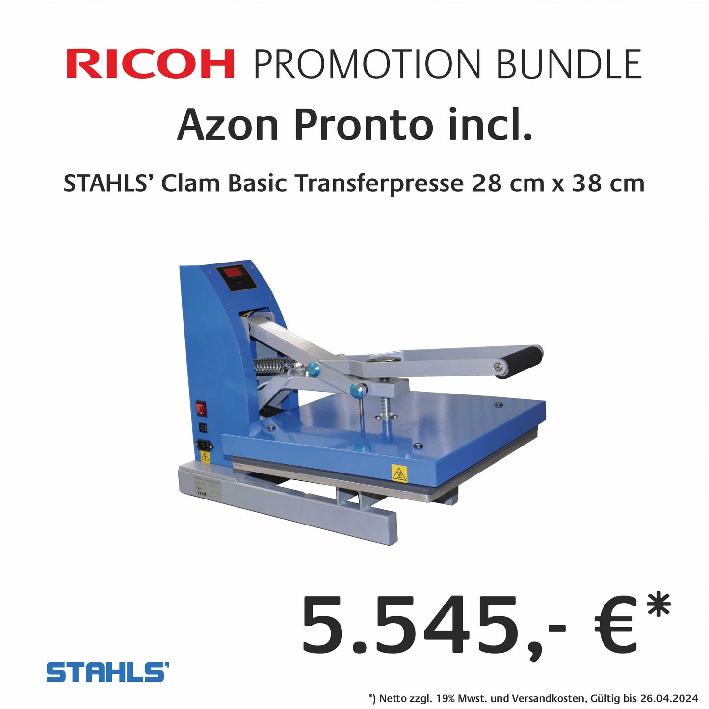 Azon Pronto - Desktop-DTF-Drucksystem - Ricoh-Promotion Bundle mit STAHLS’ Clam Basic Transferpresse 28 x 38 cm