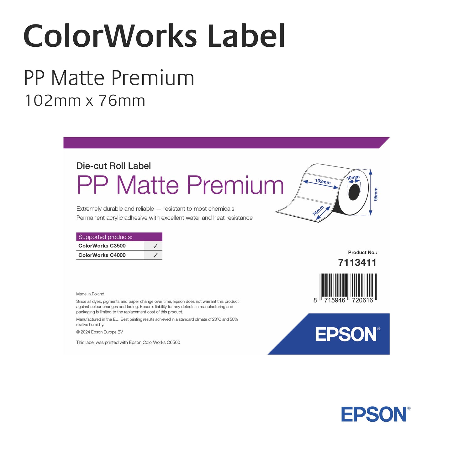 7113411 - Epson Etikettenrolle, PP Matte Premium, 102mm x 76mm