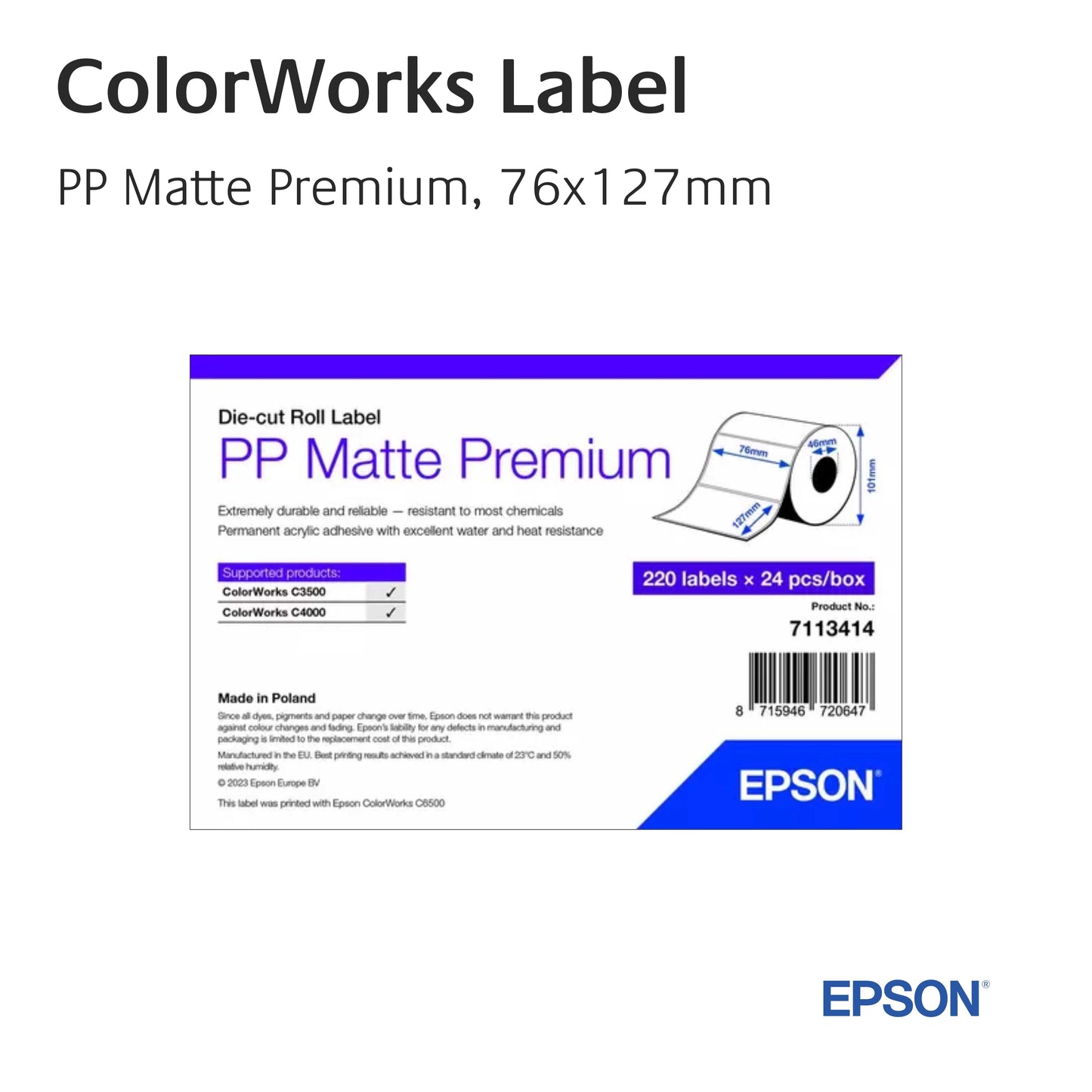 7113414 - Epson Etikettenrolle, PP Matte Premium, 76mm x 127mm