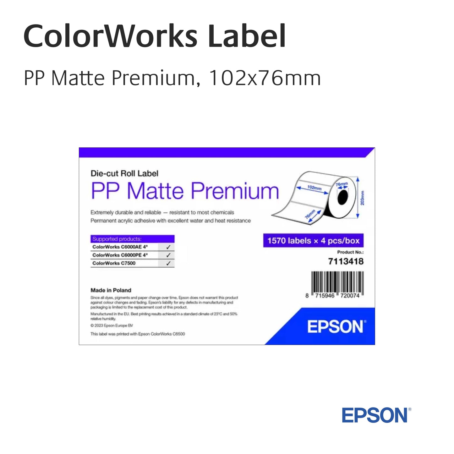 7113418 - Epson Etikettenrolle, PP Matte Premium, 102mm x 76mm