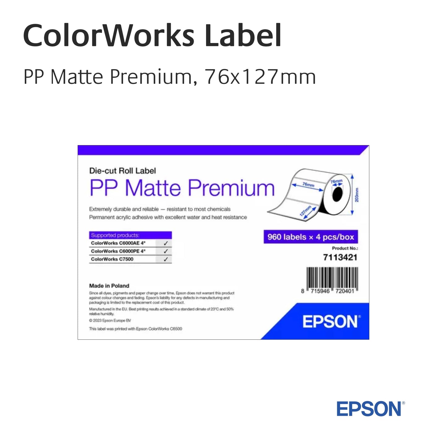 7113421 - Epson Etikettenrolle, PP Matte Premium, 76mm x 127mm