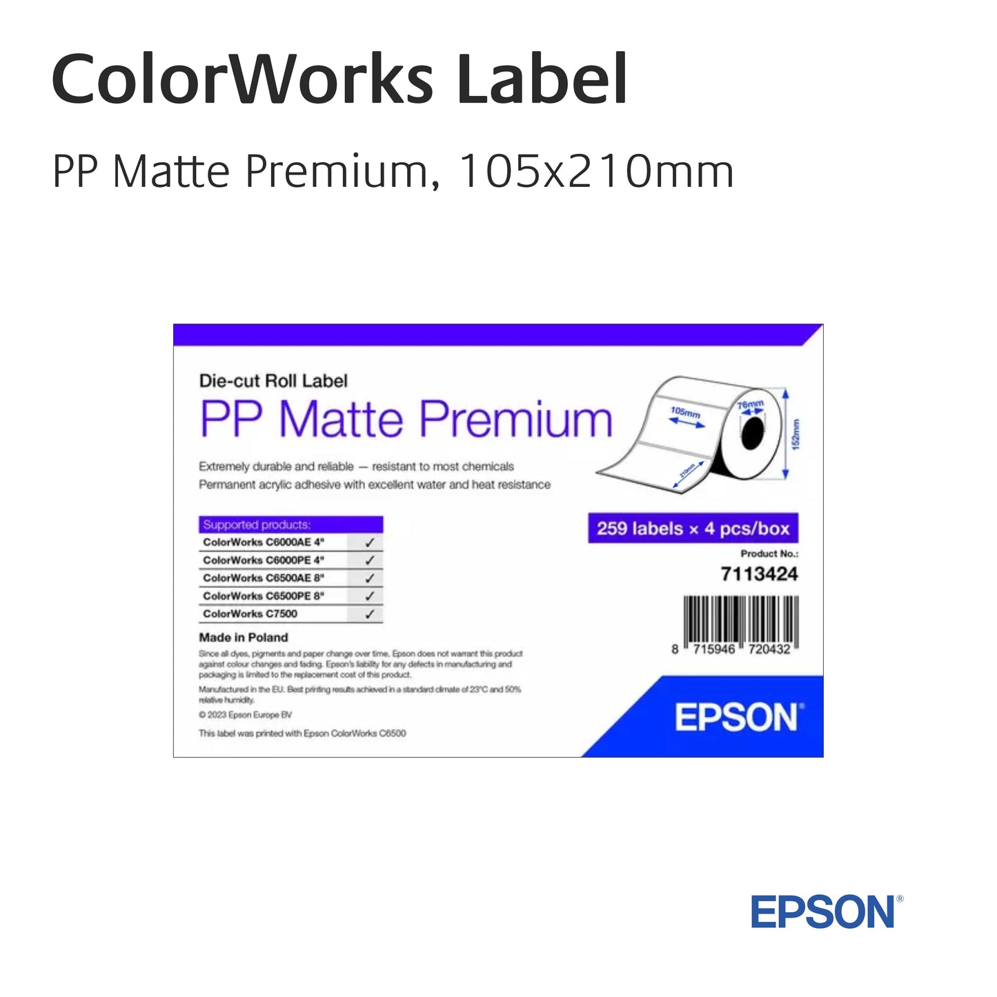 7113424 - Epson, Etikettenrolle, PP matte Premium, 105mm x 210mm
