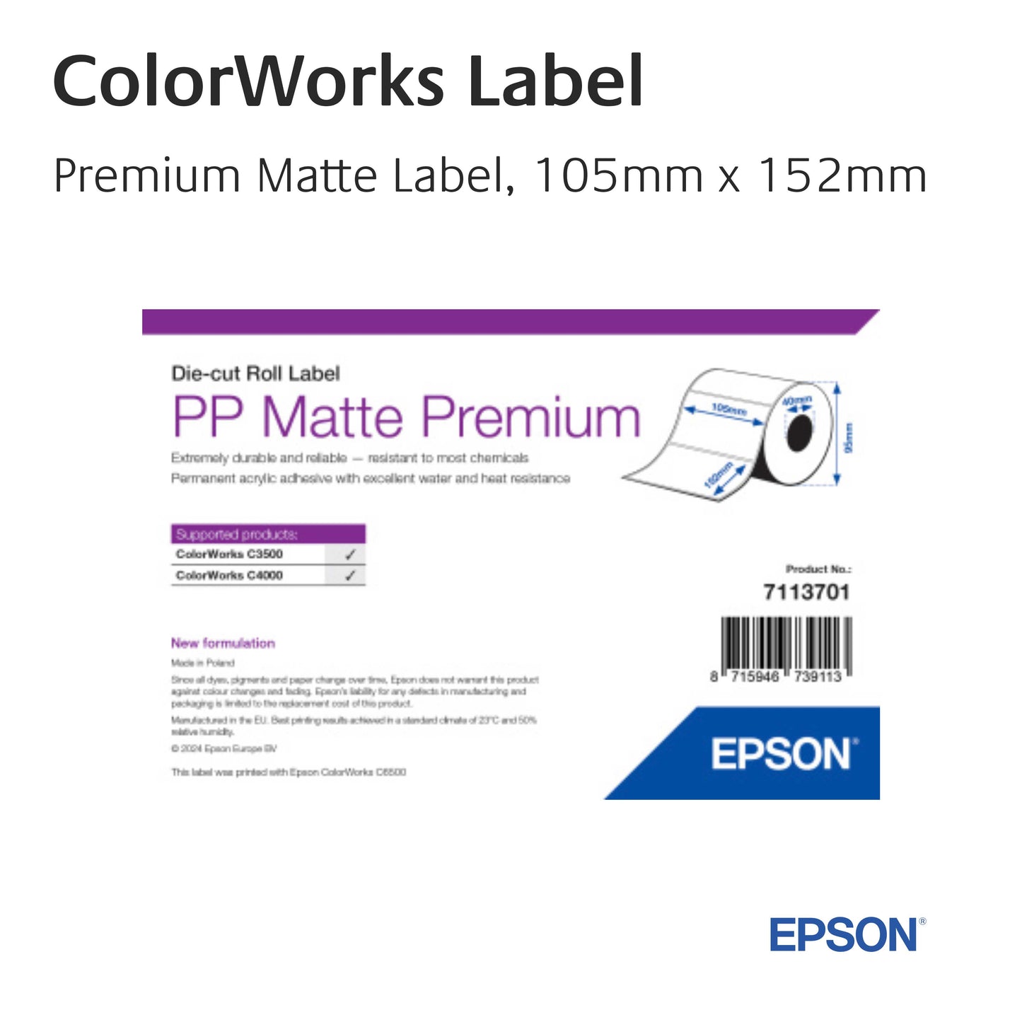 7113701 - Epson Etikettenrolle, PP Matte Premium Etiketten, 105mm x 152mm