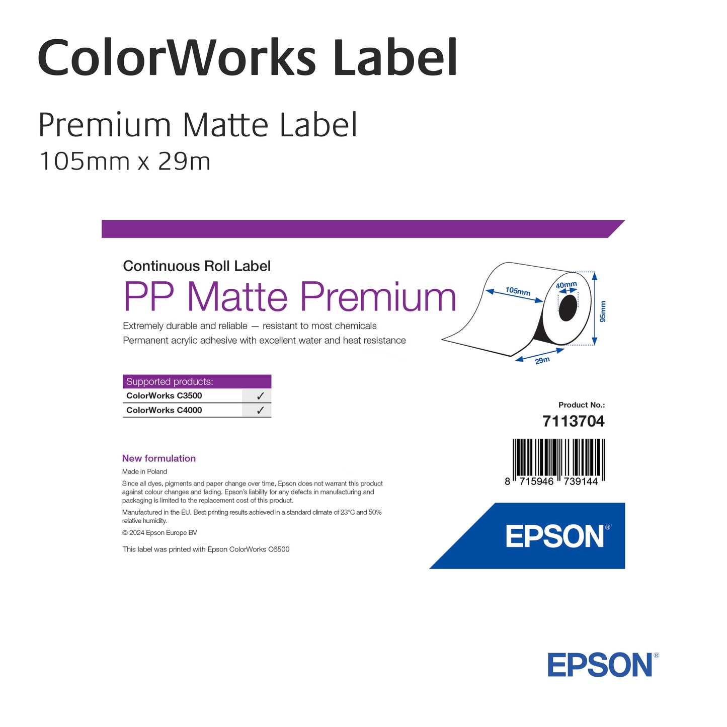 7113704 - Epson Etikettenrolle, PP Matte Premium Etiketten, 105mm x 29m
