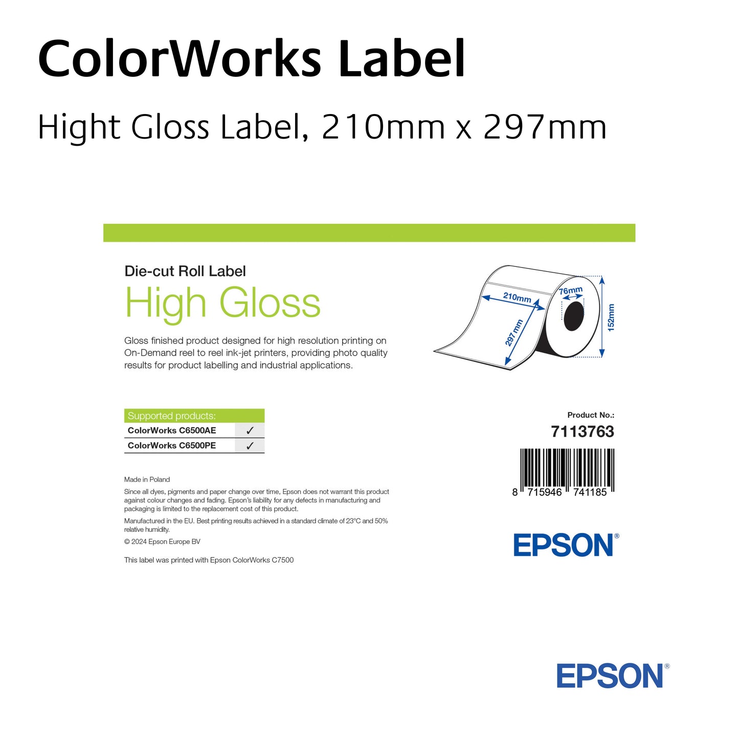 7113763 - High Gloss Label, Die-Cut Roll, 210mm x 297mm, 194 Labels