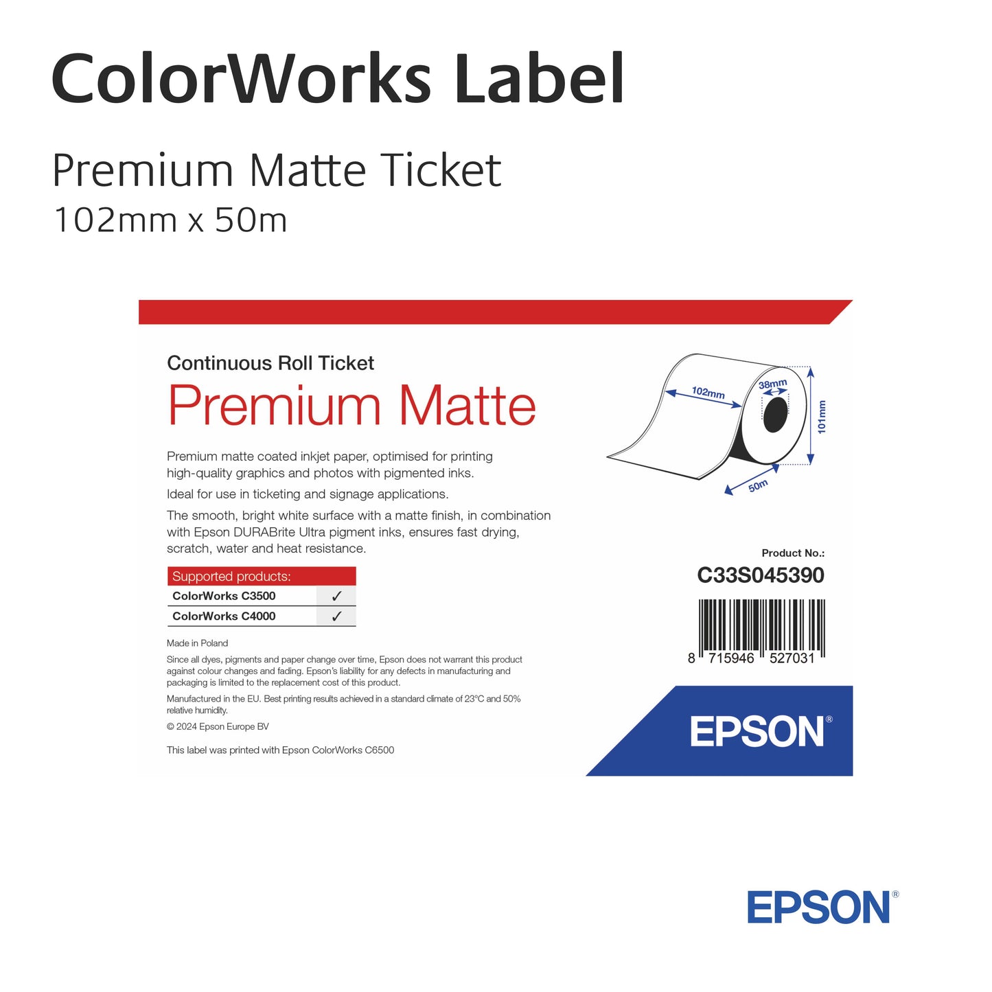 ColorWorks - Premium Matte Ticket - C33S045390 - 102mm, Continuous Roll, 50m