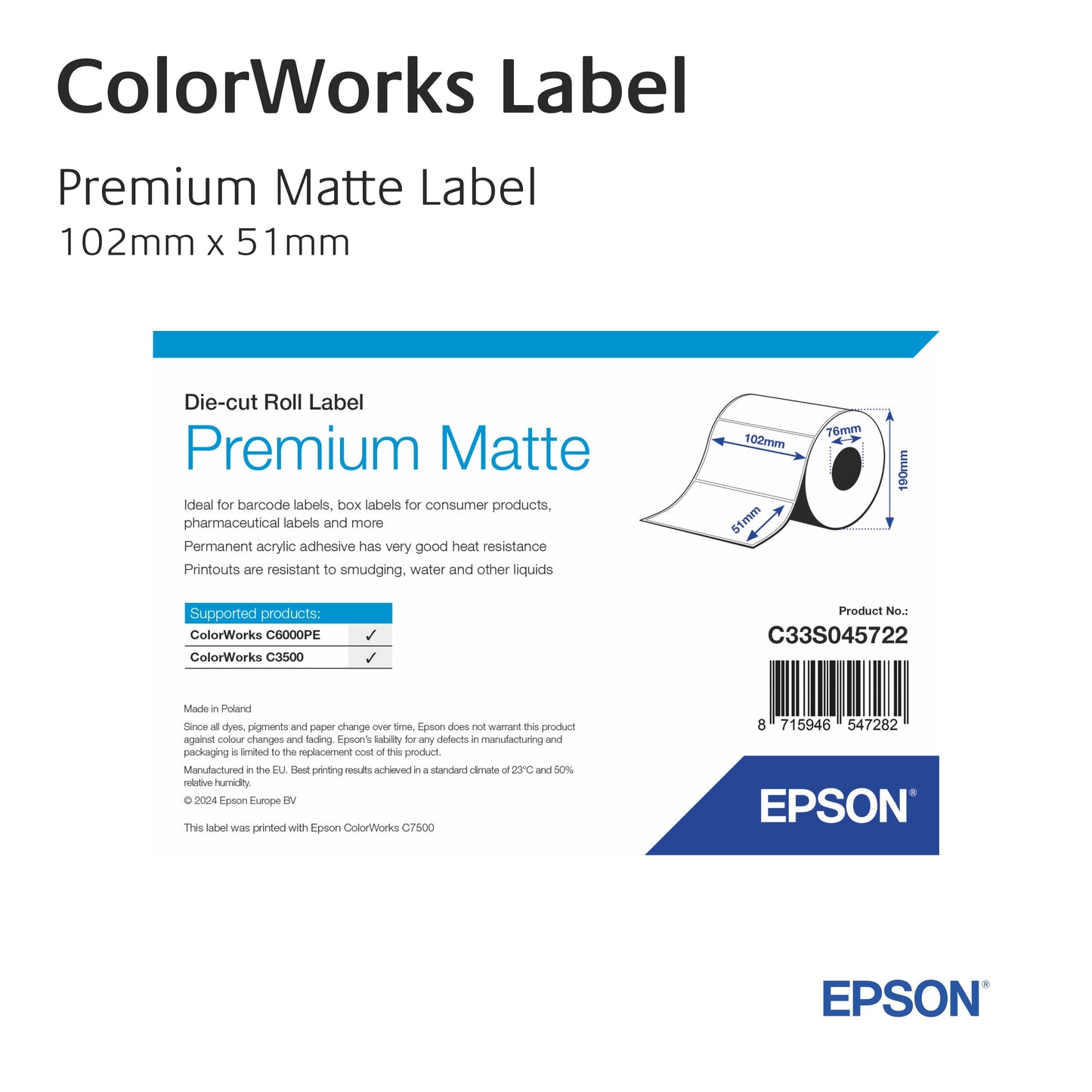C33S045722 - Epson Etikettenrolle, Premium Matte Label, 102mm x 51mm