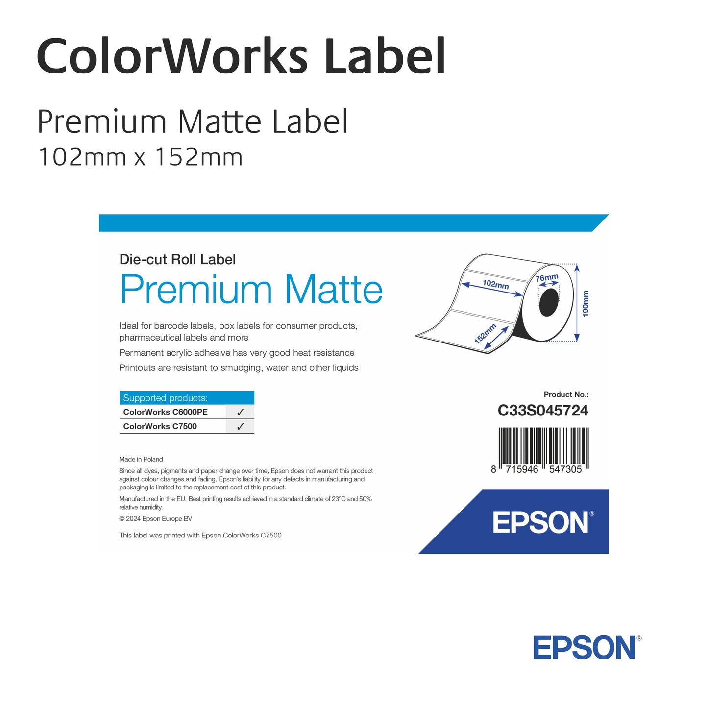 C33S045724 - Epson Etikettenrolle, Premium Matte Label, 102mm x 152mm