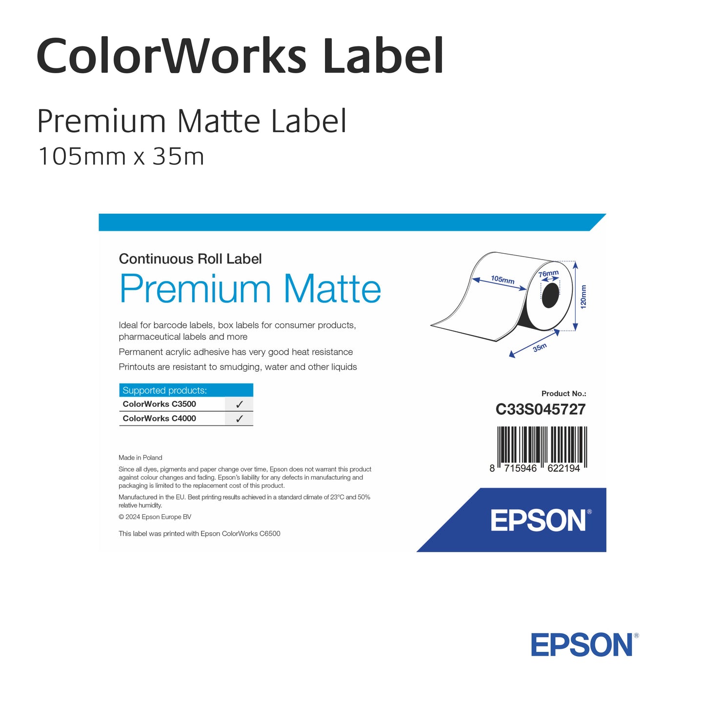 ColorWorks - Premium Matte Label - C33S045727 - 105mm, Continuous Roll, 35m