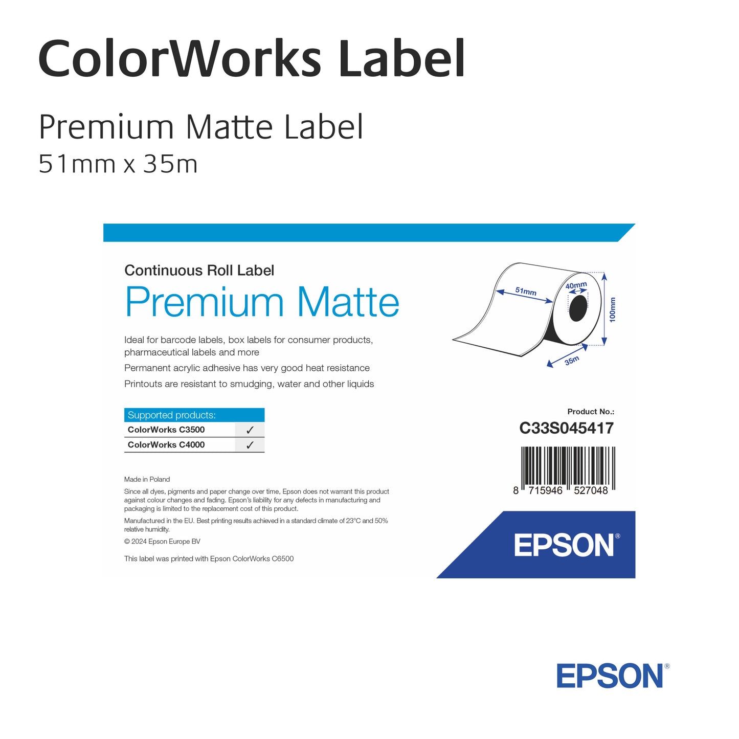 C33S045417 - Epson Etikettenrolle, Premium Matte Label - 51mm, Continuous Roll