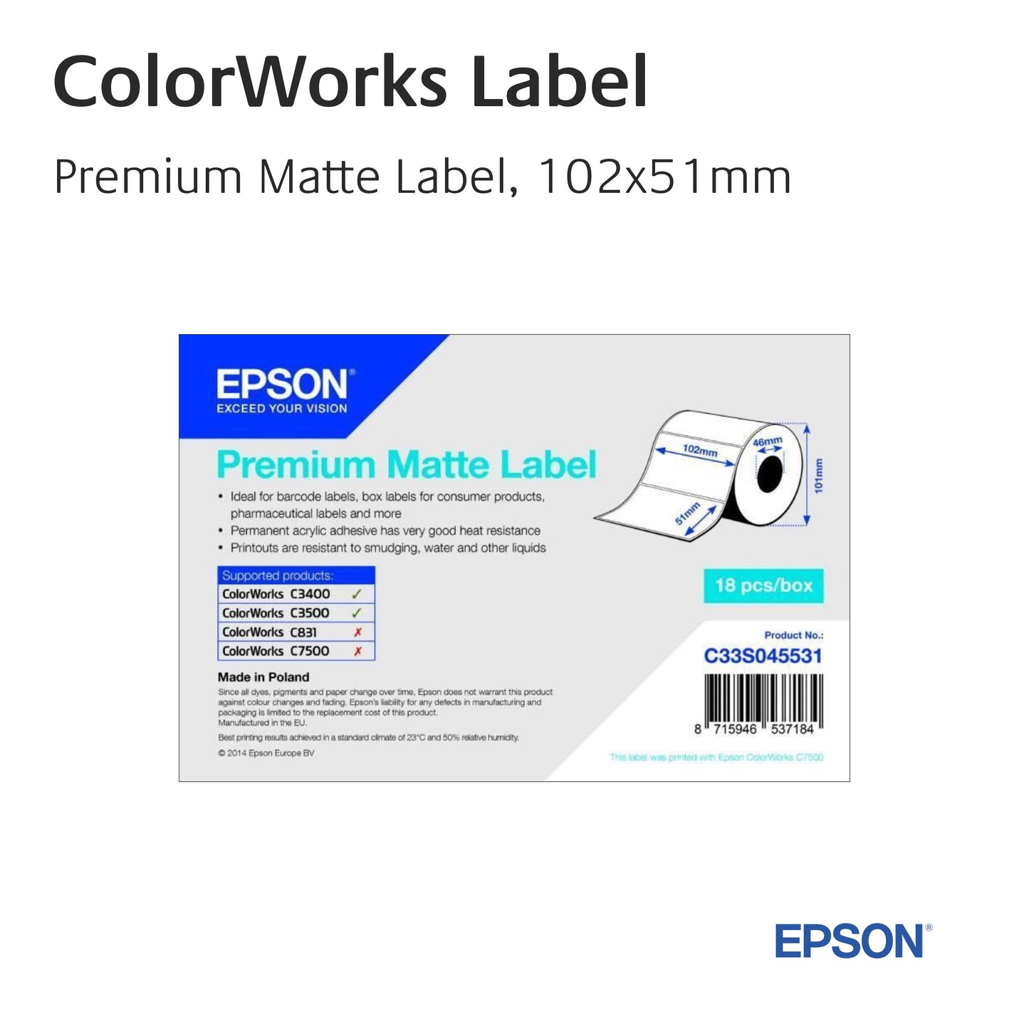C33S045531 - Epson Etikettenrolle, Premium Matte Label, 102mm x 51mm