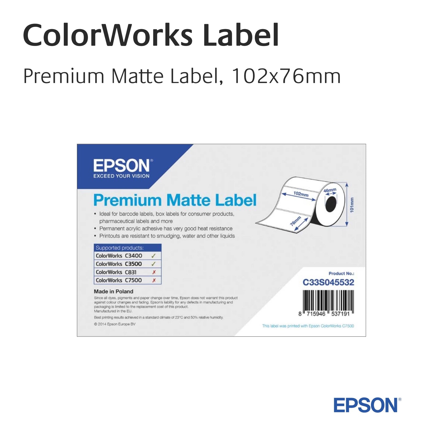 C33S045532 - Epson Etikettenrolle, Premium Matte Label, 102mm x 76mm