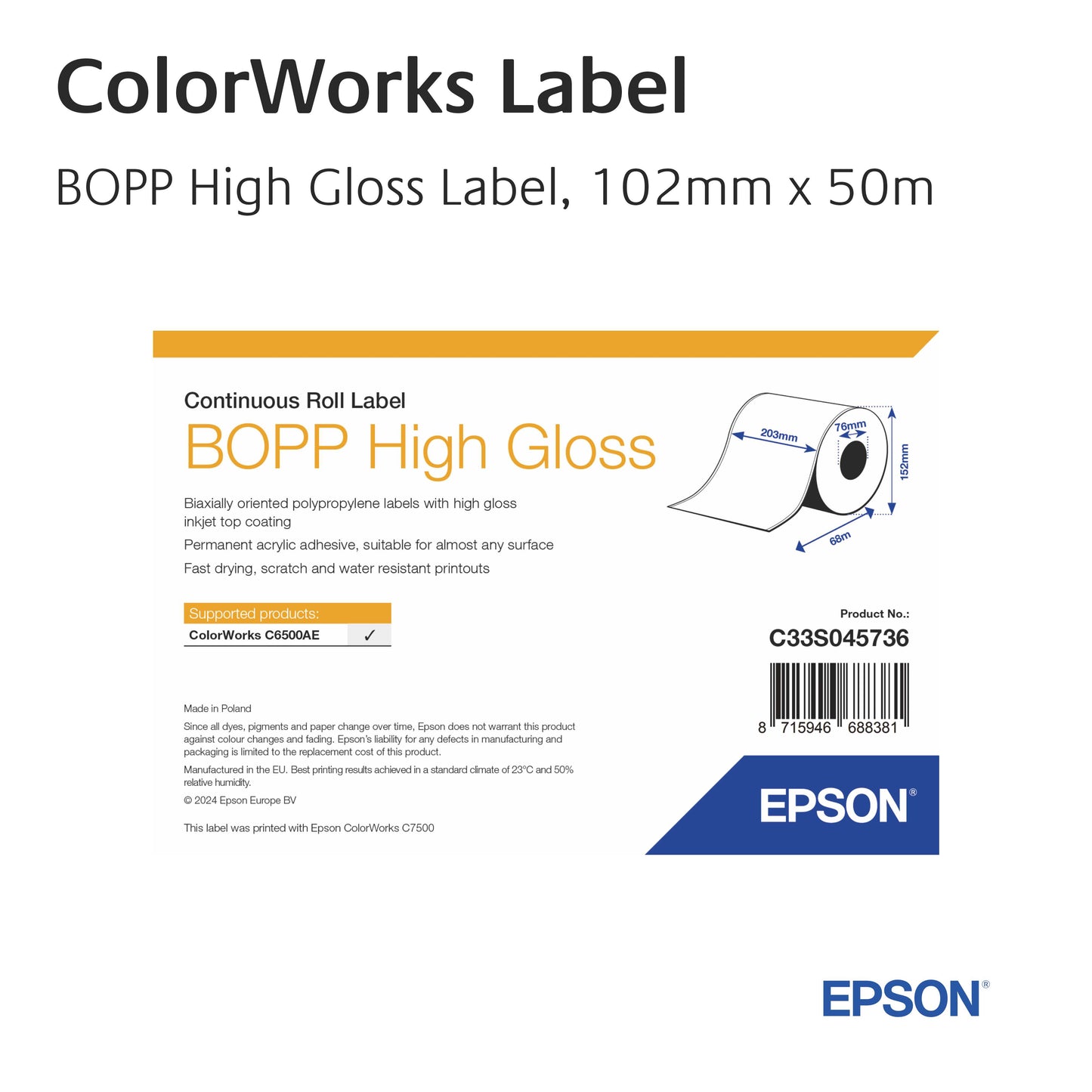 ColorWorks - BOPP High Gloss Label - C33S045736 - 203mm, Continuous Roll, 68m