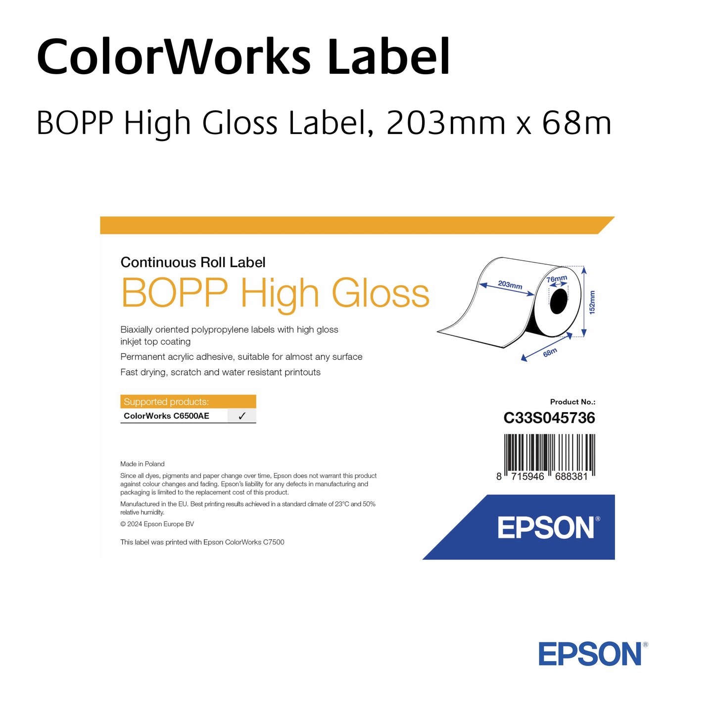 C33S045736 - Epson Etikettenrolle, BOPP High Gloss Label, 203mm, Continuous Roll