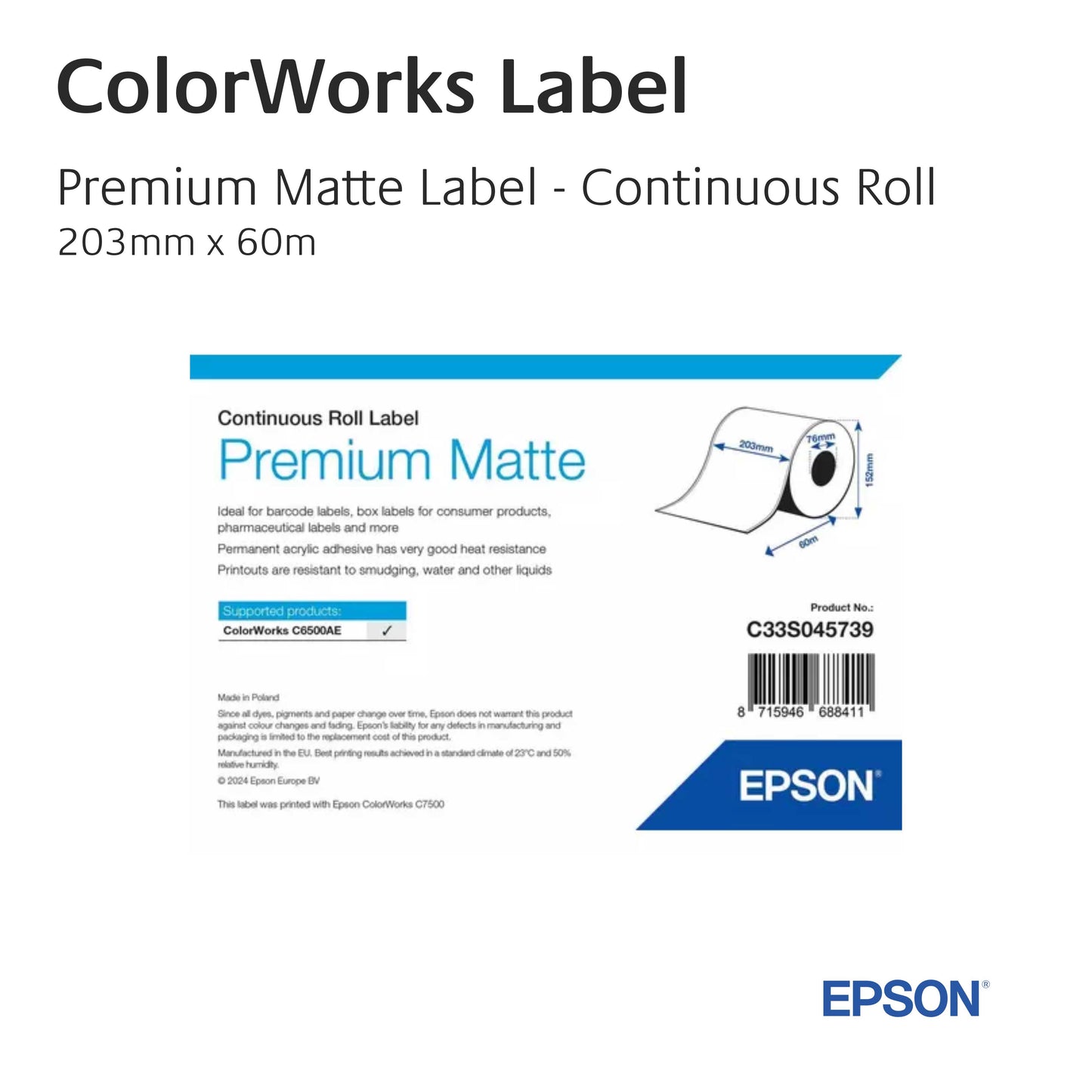 C33S045739 - Epson Etikettenrolle, Premium Matte Label, 203mm, Continuous Roll