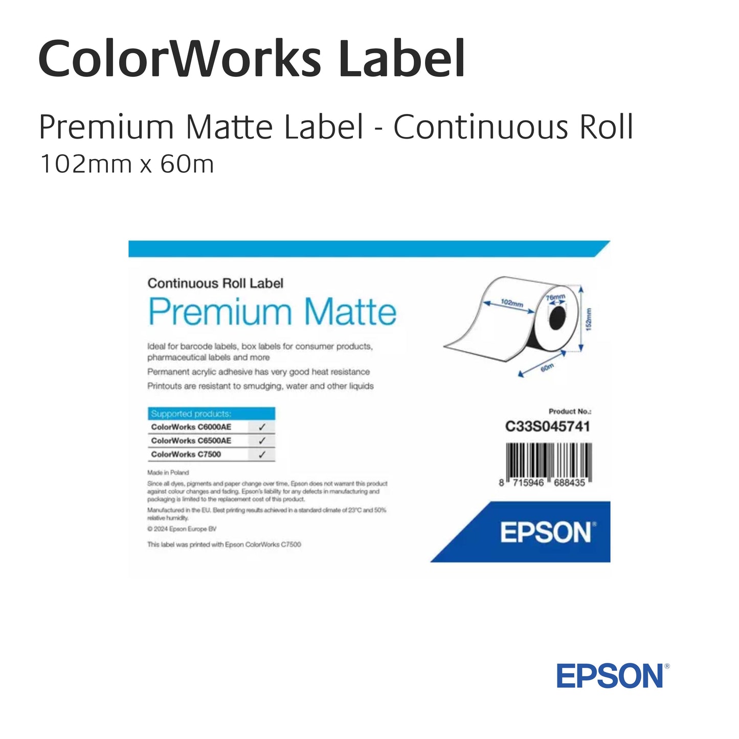 C33S045741 - Epson Etikettenrolle, Premium Matte Label, 102mm, Continuous Roll