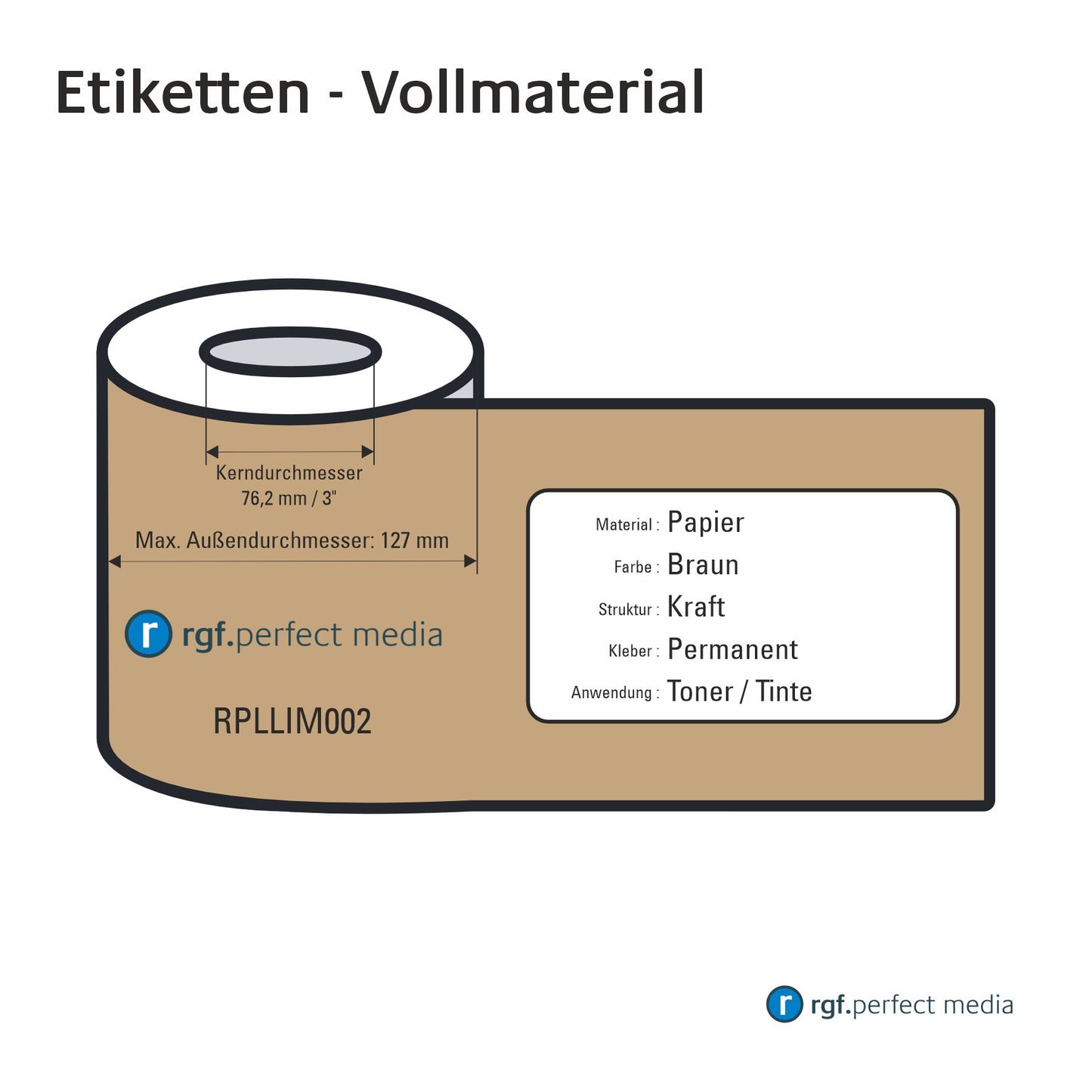 RPLLIM002 - Etichette di carta, marrone, opaca, carta kraft, permanente, toner / LED / laser - materiale solido 130 mm