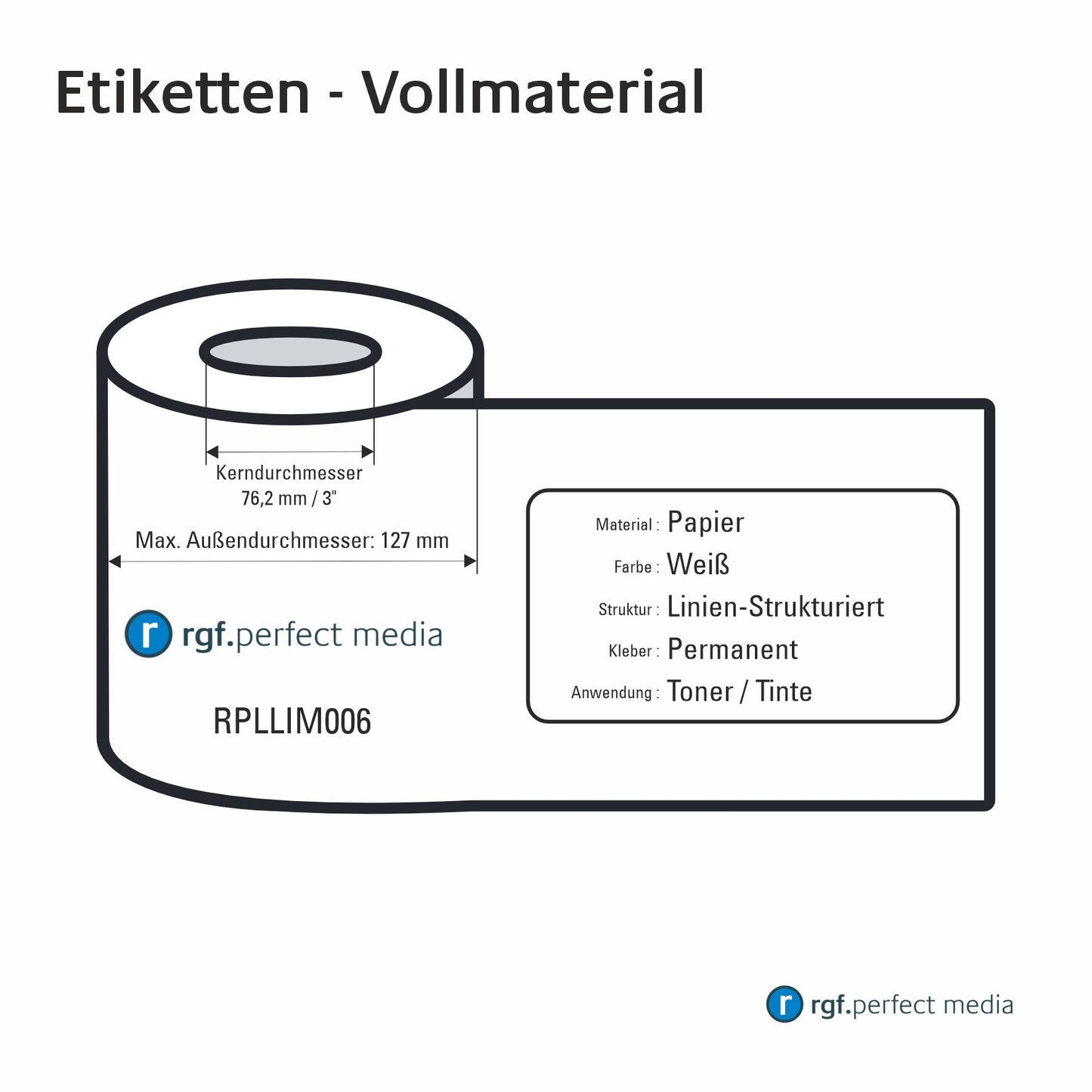 RPLLIM006 - Papier-Etiketten, Weiß, Matt, Linien-Strukturiert, Permanent, Toner / LED / Laser - Vollmaterial 130mm