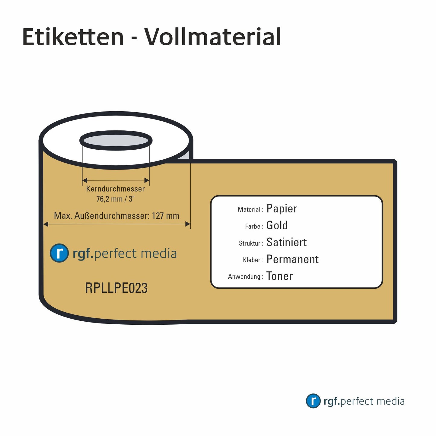 RPLLPE023 - Paper labels, gold, satin, permanent, toner / LED / laser - solid material 130mm