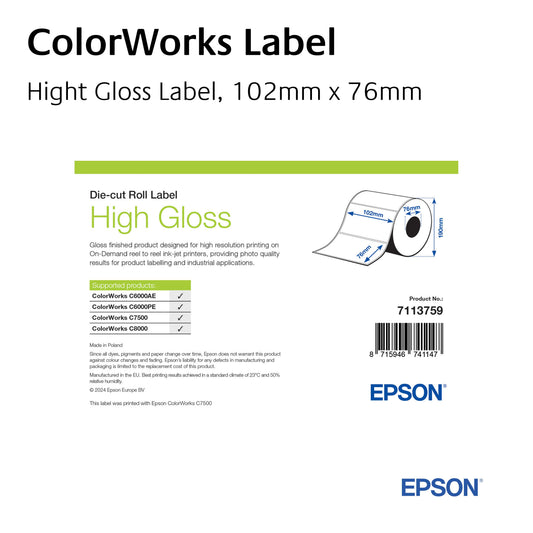 7113759 - High Gloss Label, Die-Cut Roll, 102mm x 76mm, 1570 Labels