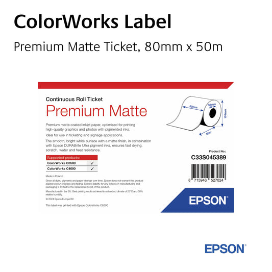 C33S045389 - Epson Etikettenrolle, Premium Matte Ticket, 80mm, Continuous Roll