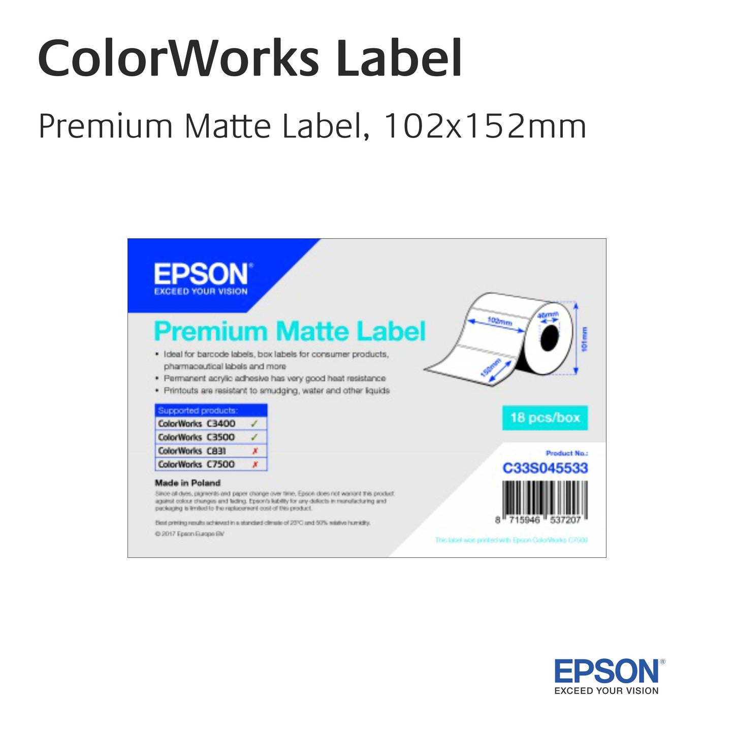 ColorWorks - Premium Matt Label - C33S045533 - 102mm x 152mm