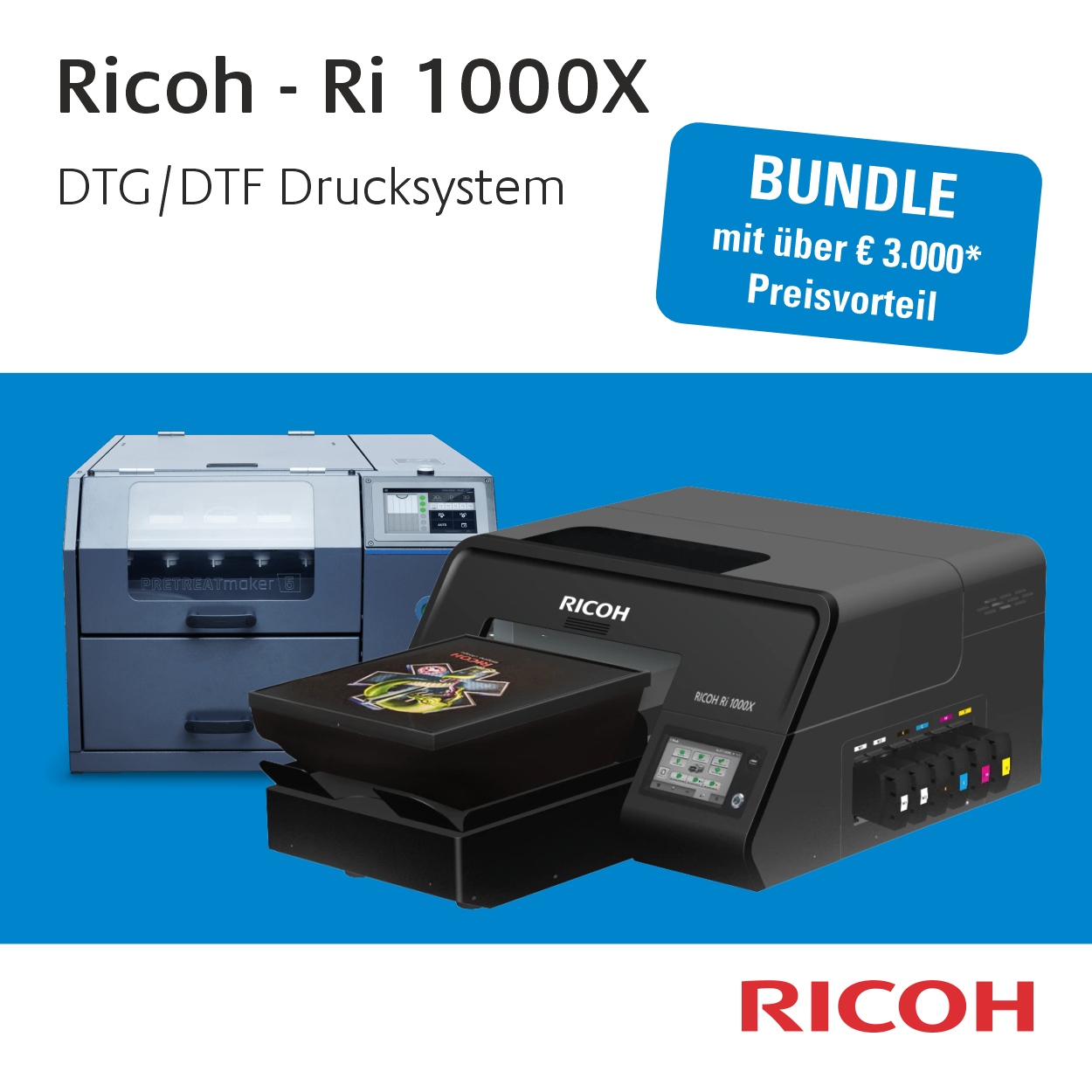 Ricoh Ri 1000X - Pacchetto per il lancio sul mercato - Sistema di stampa a pallet singolo per DTG e DTF incl