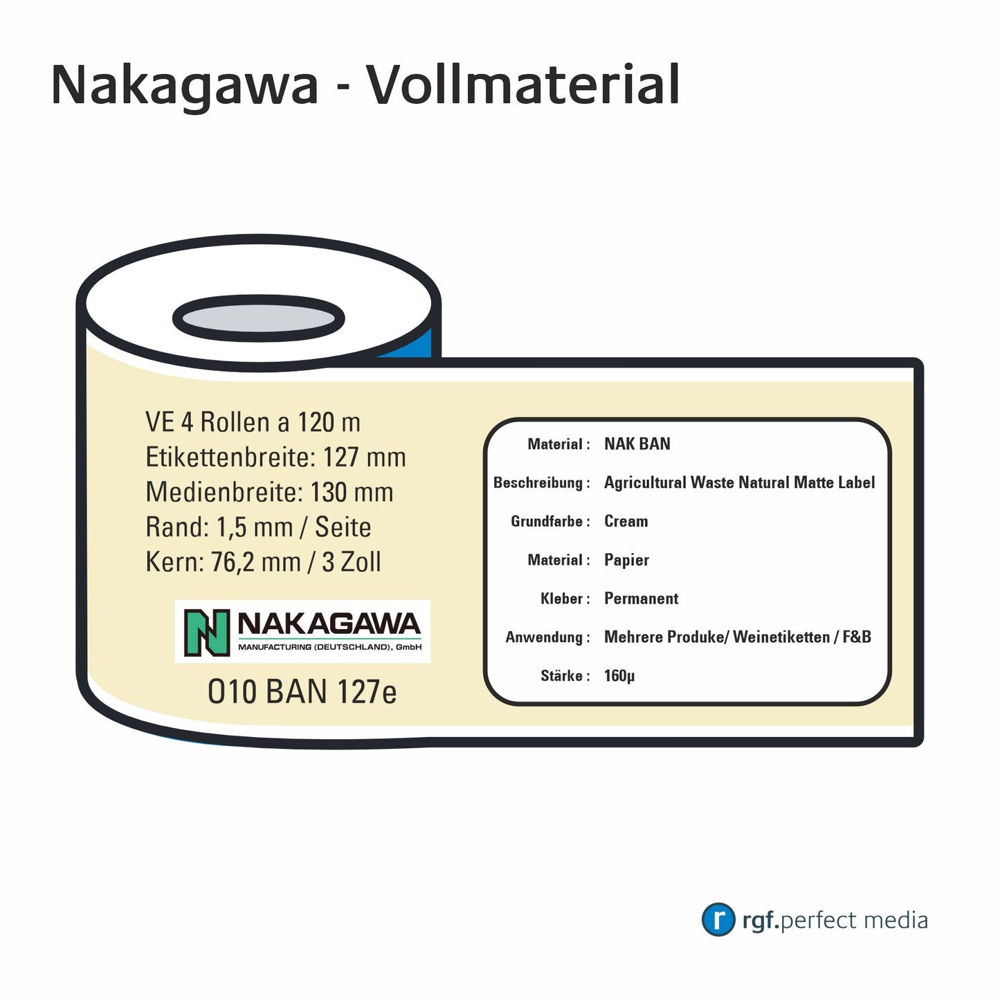 Nakagawa - Compostable Labels - Solid Material 130mm - Toner / LED / Laser